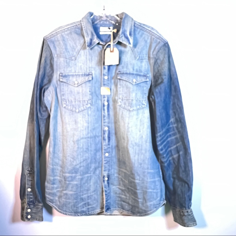 ALLSAINTS SPITALFIELD GAYA DENIM SHIRT. NWT. Faded blue denim w/snaps Medium